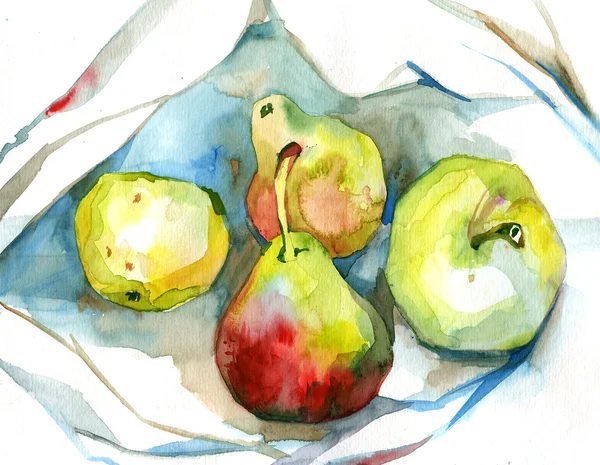 Akvarell gröna äpplen och päron — Stockfoto