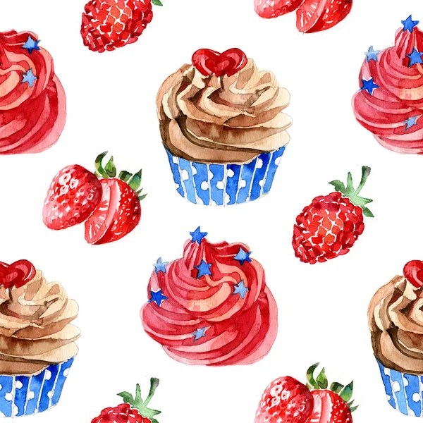 Watercolor summer sweet strawberry cupcake pattern — Stock Photo, Image