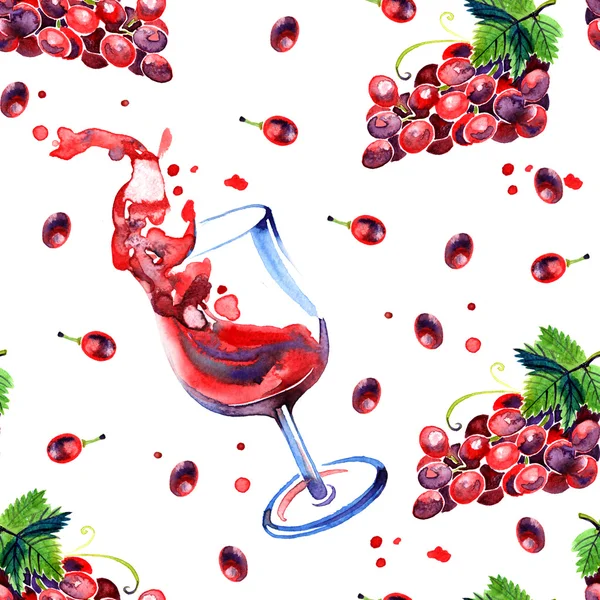 Acuarela verano patrón de uva y vino tinto — Foto de Stock