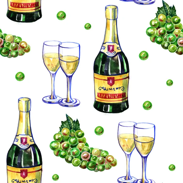 Akvarel bílé víno a hrozny vzorek — Stock fotografie