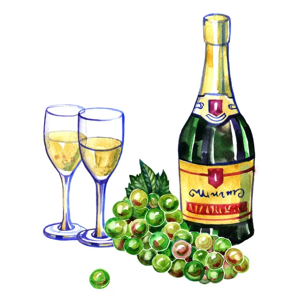 Botella acuarela de champán, dos copas y uva verde — Foto de Stock