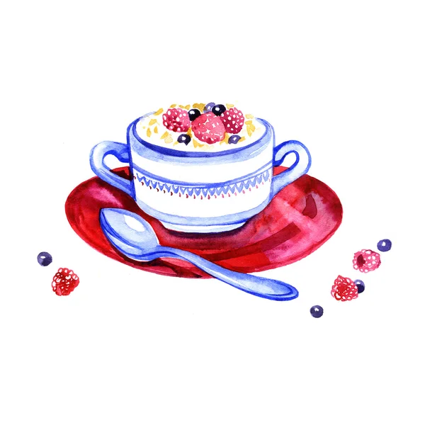 Watercolor-style healthy food. Oatmeal with berries. — Stock Photo, Image
