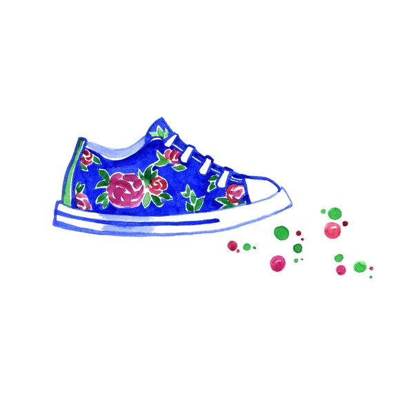 Akvarell blå sneakers med blommor — Stockfoto