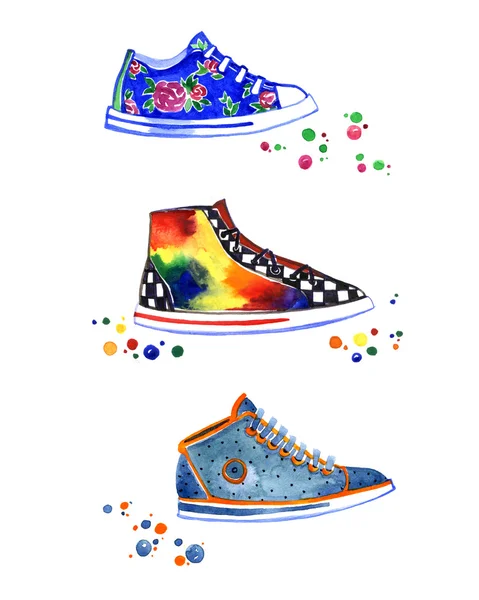 Ζωγραφισμένα στο χέρι ακουαρέλα πάνινα παπούτσια, τρέχοντας παπούτσια, στυλ χίπις, φωτεινά πολύχρωμα — Φωτογραφία Αρχείου
