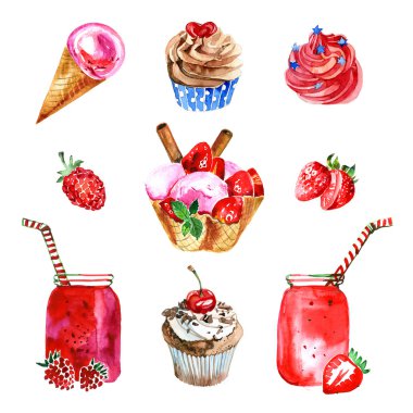 Berry tatlılar beyaz zemin üzerine suluboya çizimler