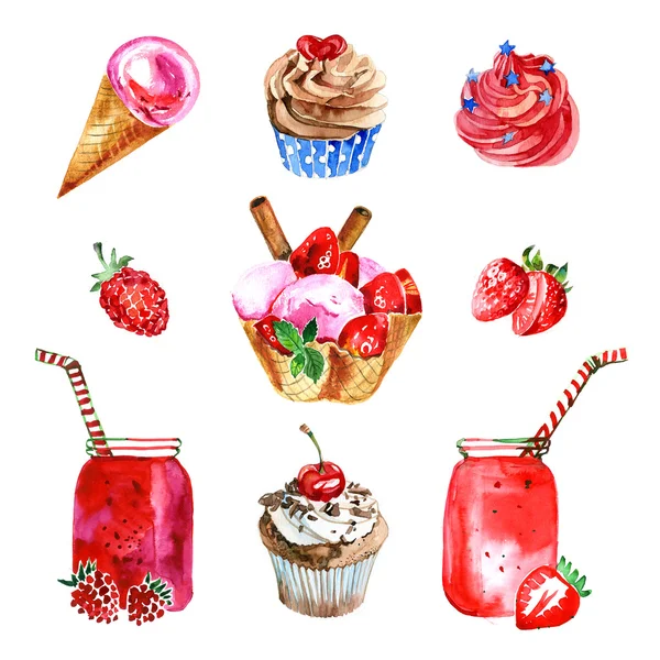 Ilustraciones en acuarela de dulces de bayas sobre fondo blanco — Foto de Stock