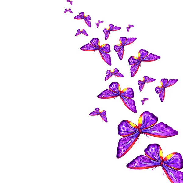 흰색 바탕에 보라색 나비를 비행 하는 수채화 — 스톡 사진