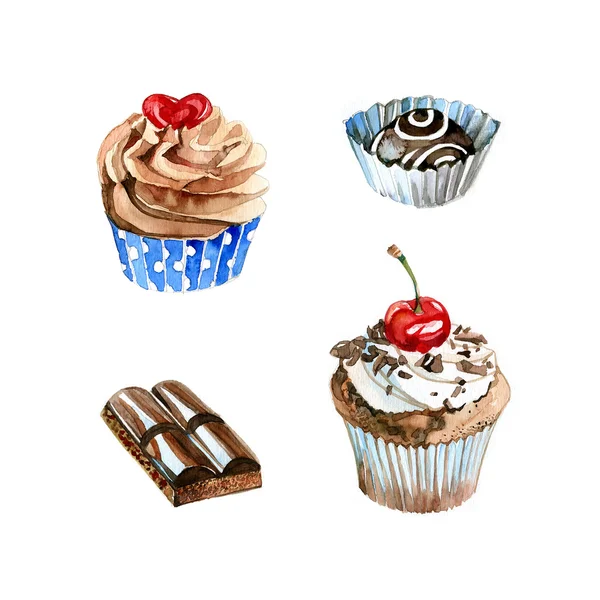 Watercolor hand drawn pieces of chocolate, cupcakes and sweetc. Isolated sweet food illustration on white background — Stock Photo, Image