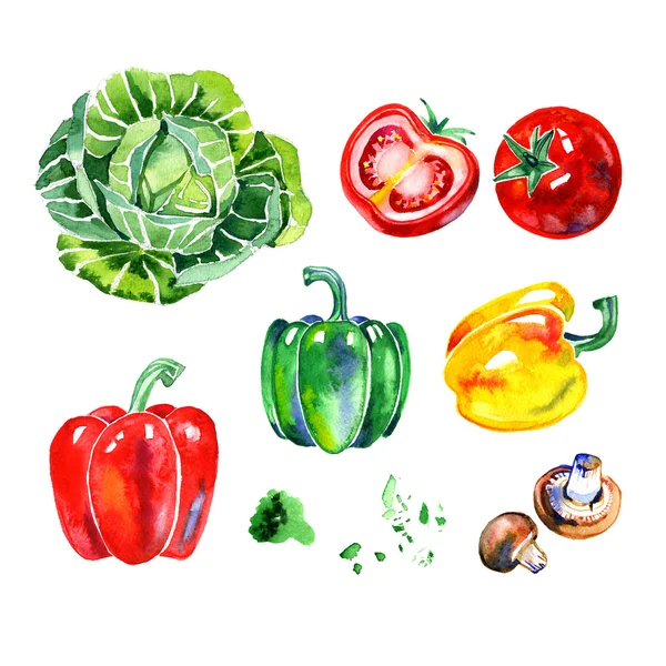 Преміум якості акварельні ікони набір різних здорових продуктів харчування, трав, грибів та овочів. Рука намальована. Плоский шар об'єктів ізольований на білому тлі . — стокове фото