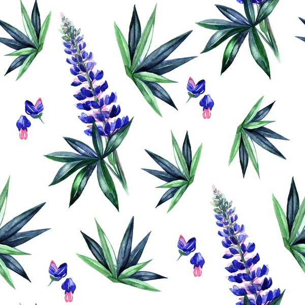 Watercolor lupines seamless pattern. Spring flower. — Stock Photo, Image