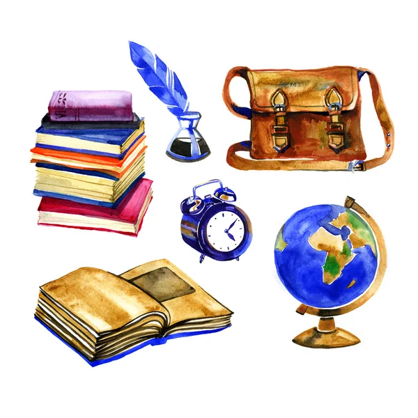 Aquarela de volta à ilustração da escola com suprimentos - despertador, caneta de tinta, livros, globo isolado em fundo branco — Fotografia de Stock