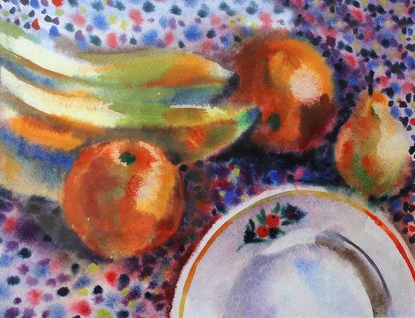 Aquarelle nature morte avec des fruits et une assiette — Photo