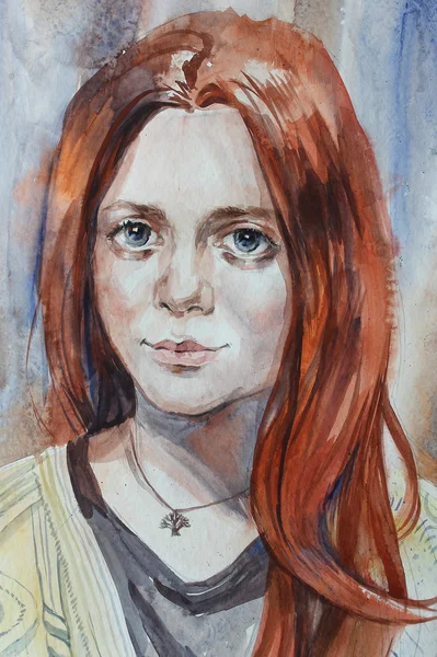 Retrato de aquarela de menina com cabelo vermelho — Fotografia de Stock