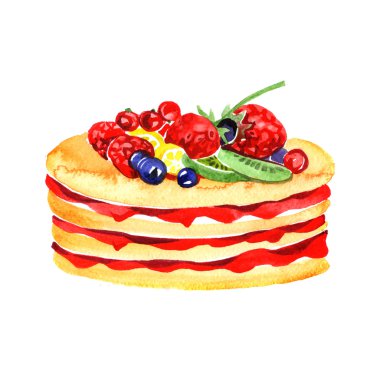 Yaban mersini ve çilek beyaz zemin üzerine suluboya krep