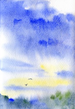 gökyüzü, bulutlar, ağaçlar, kuşlar, suluboya dokulu yatay