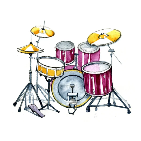 Drums. Aquarel muziekinstrumenten op witte achtergrond — Stockfoto