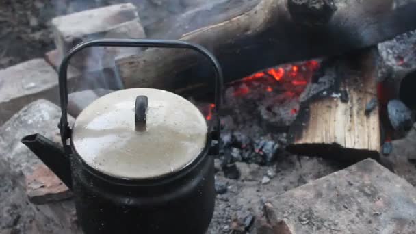 Primer plano de hervir la vieja caldera en el fuego con vapor — Vídeo de stock