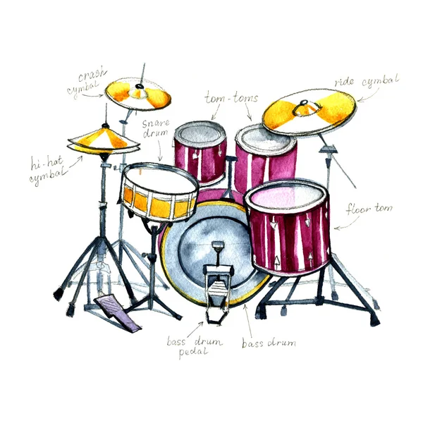 Drums. Watercolor musical instruments on white background — Stock Photo, Image