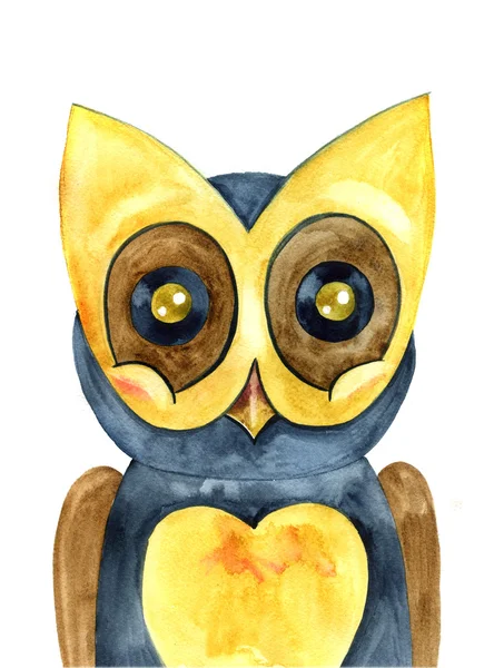 Petit hibou dessin à l'aquarelle, peinture artistique oiseau, mignon — Photo