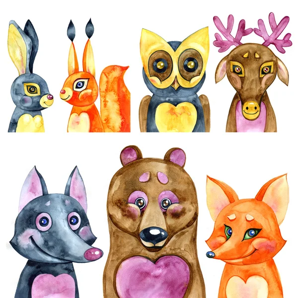 Set of cute forest animals. Watercolor illustration. — Stock Image Set of cute forest animals. Watercolor illustration. Stock Picture