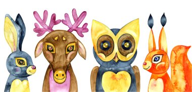 Set of cute forest animals. Watercolor illustration. clipart
