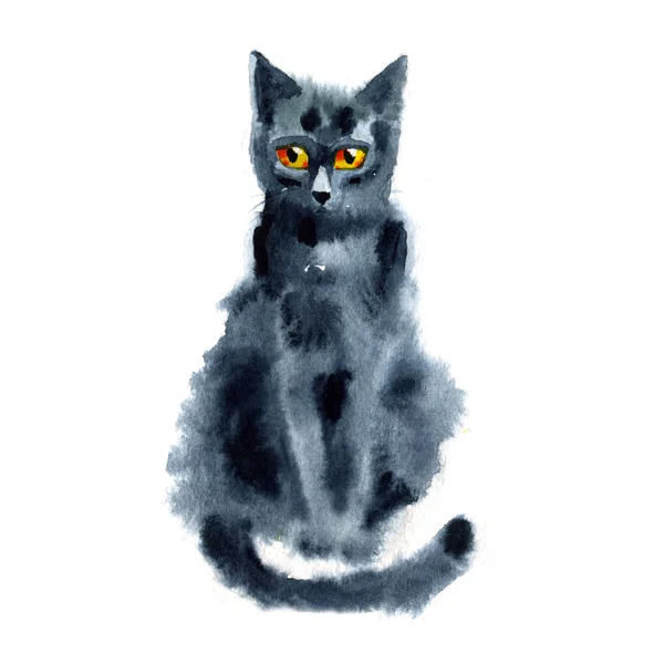 Black Blue Cat. Watercolor Painting. Hand-drawing Illustration. — Stock Photo, Image