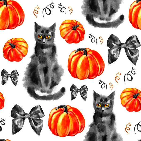 Modèle sans couture Halloween. Dessin manuel. Citrouilles, chat, arcs . — Photo