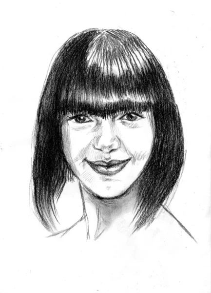 Hermoso retrato de mujer sonriente, ilustración dibujada a mano, boceto —  Fotos de Stock