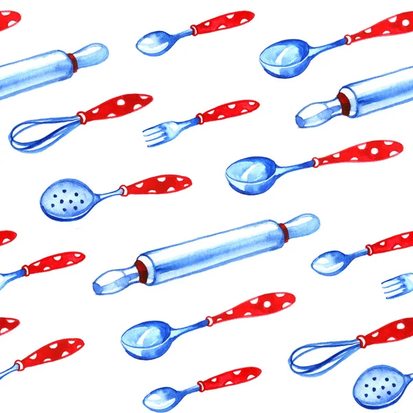 Hand drawn watercolor seamless pattern with cutlery, tableware — Stock Photo, Image