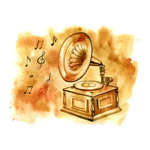Gramófono acuarela. Ilustración musical vintage dibujada a mano con notas . —  Fotos de Stock