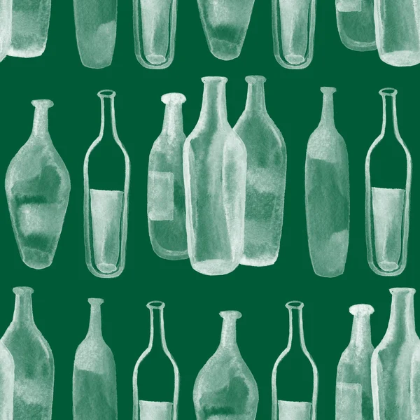Abstract seamless background. Green wine bottles, glasses and watercolor blots. — Stock Photo, Image