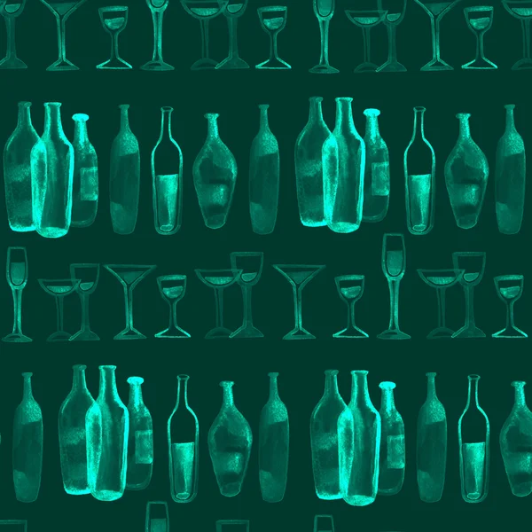 Ακουαρέλα απρόσκοπτη υπόβαθρο. Πράσινα μπουκάλια κρασιού και γυαλιά. — Φωτογραφία Αρχείου