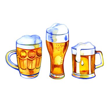 bira ve bir bardak kupa elle suluboya içinde çizilmiş bir bardak