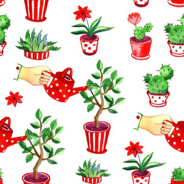 Sulu Boya desen bitkiler, kırmızı çiçekli kaktüs