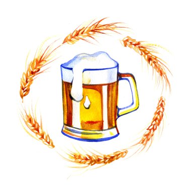 cam kupa, bardak bira bira buğday el çekilmiş suluboya.