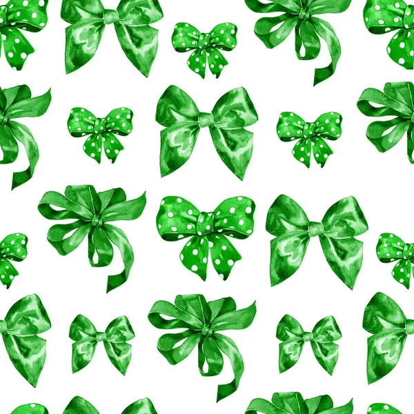 Watercolor satin green bow seamless pattern on white background — Stock Photo, Image