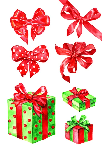 Watercolor Christmas elements with presents and bows — Stock Photo, Image