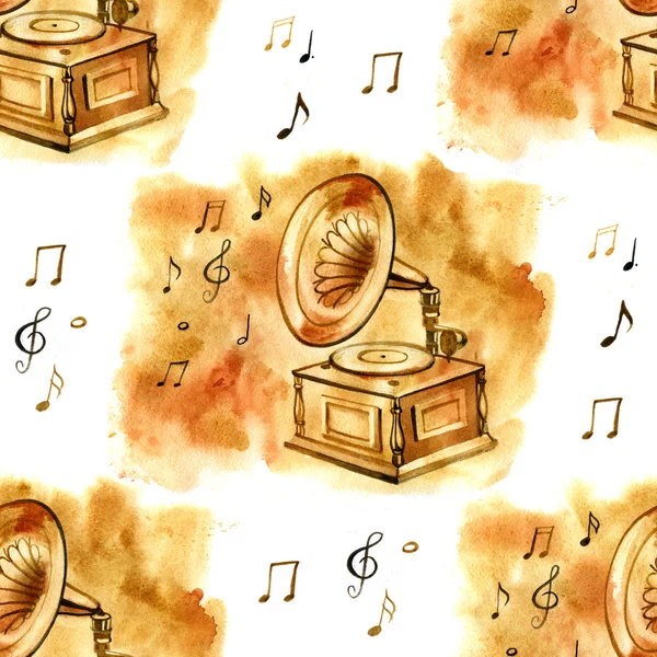 Vieux gramophone et notes - aquarelle vintage motif sans couture . — Photo