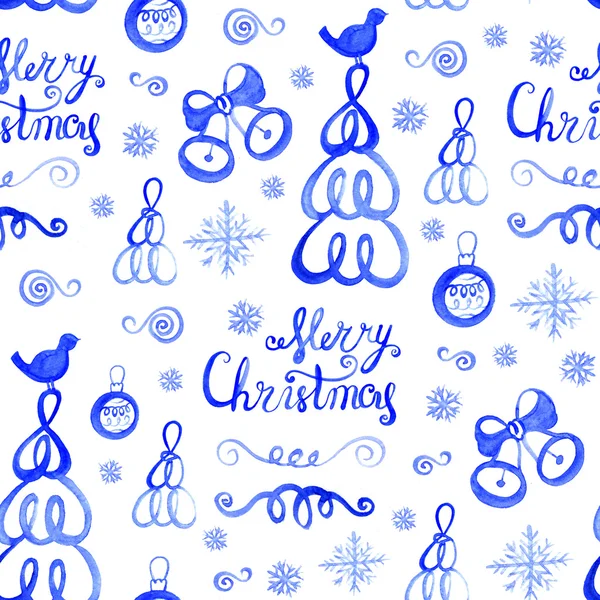 Naadloze patroon van aquarel tekeningen, Merry Christmas, blauwe belettering. — Stockfoto