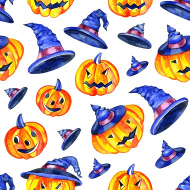 Suluboya balkabağı. Jack-o-fener ile mutlu yüzler. seamless modeli.