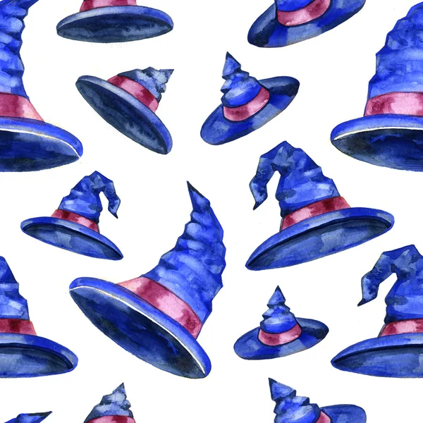 수채화 그림입니다. 할로윈 모자 완벽 한 패턴, 밝은 배경 — 스톡 사진