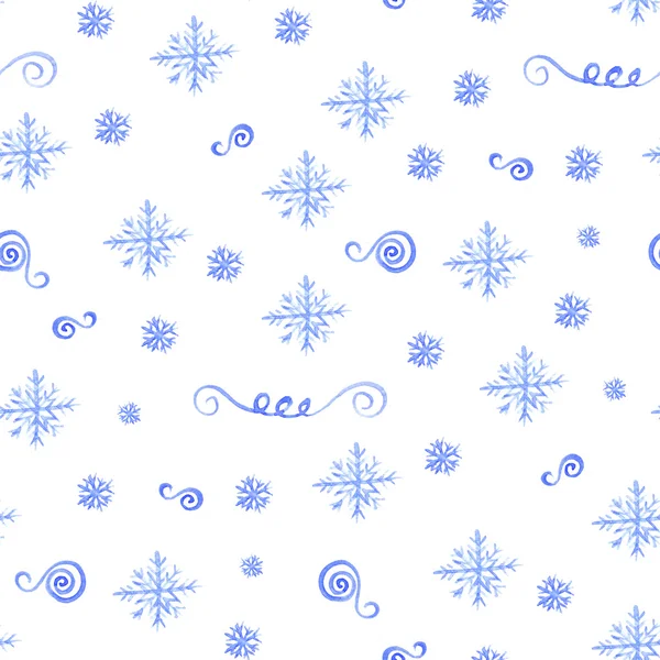 水彩青い雪の結晶クリスマスのシームレス パターン — ストック写真