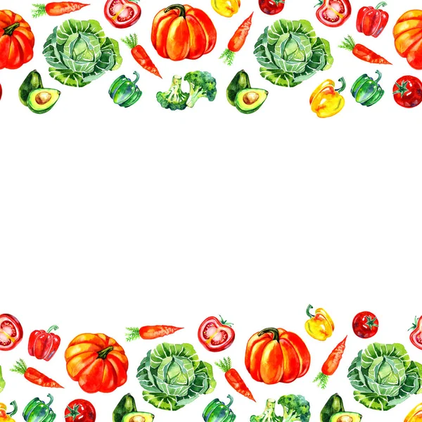 Watercolor vegetables, green leaves, mix. Red hot chili pepper, pumpkin, tomaro, carrot, broccoli. Border, frame isolated on white background. Hand painting on paper. — Stock Photo, Image