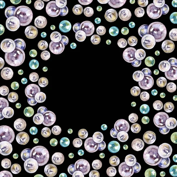 Acquerello gemma pietre cornice quadrata. Design della carta dipinta a mano con cristalli multicolori isolati su sfondo nero. — Foto Stock