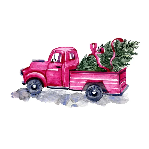 Caminhão de árvore rosa aquarela. Caminhão de Natal vermelho com pinheiros e caixas de presente. Ano Novo desenhado à mão ilustração aquarela. Ano Novo aquarela carro vintage vermelho, caminhão retro com árvore de natal verde. — Fotografia de Stock