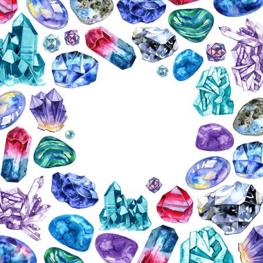 Suluboya mücevher taşlarının kare çerçevesi. Beyaz arkaplanda izole edilmiş çok renkli kristallerle el boyaması kart tasarımı.