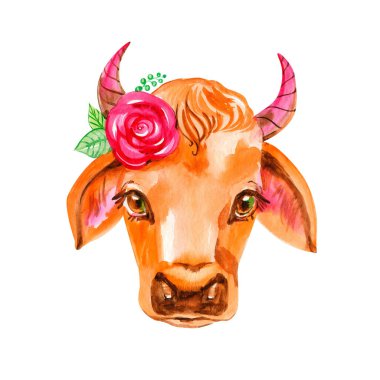 İnek eli çizilmiş. Çiçek çelengi. Beyaz arkaplanda izole edilmiş portre.