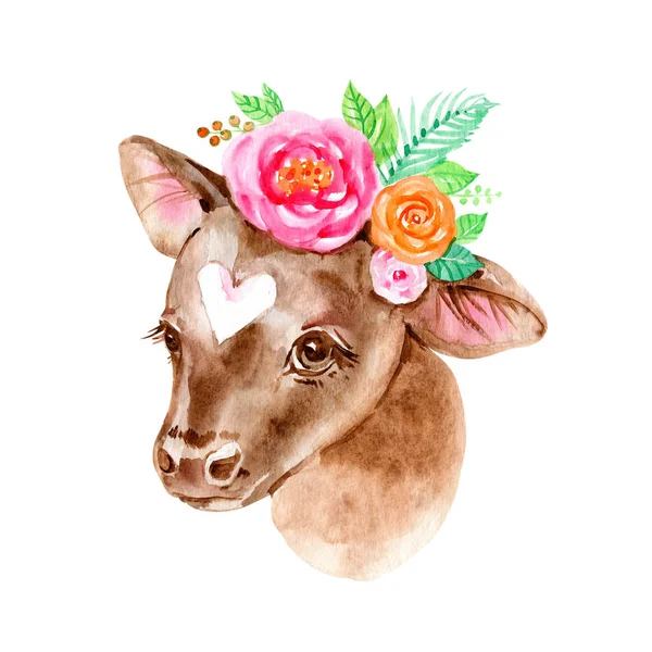 Kreslený býk. ilustrace hospodářských zvířat. Roztomilé akvarelové tele. malá kráva — Stock fotografie