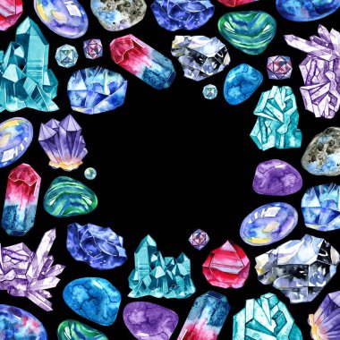 Suluboya mücevher taşlarının kare çerçevesi. Siyah arkaplanda izole edilmiş çok renkli kristallere sahip elle boyanmış kart tasarımı.