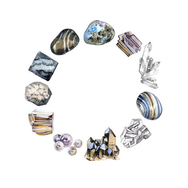 Suluboya mücevher taşlarının kare çerçevesi. Beyaz arkaplanda izole edilmiş çok renkli kristallerle el boyaması kart tasarımı. — Stok fotoğraf